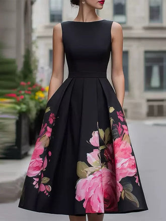 Schwarzes 50er Plisséekleid mit Blumen