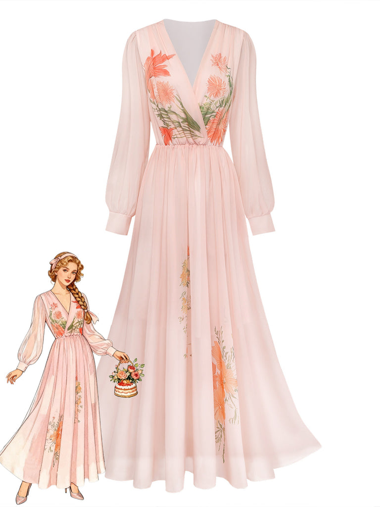 Orange & Rosa 30er Maxikleid mit Puffärmel und Blumen