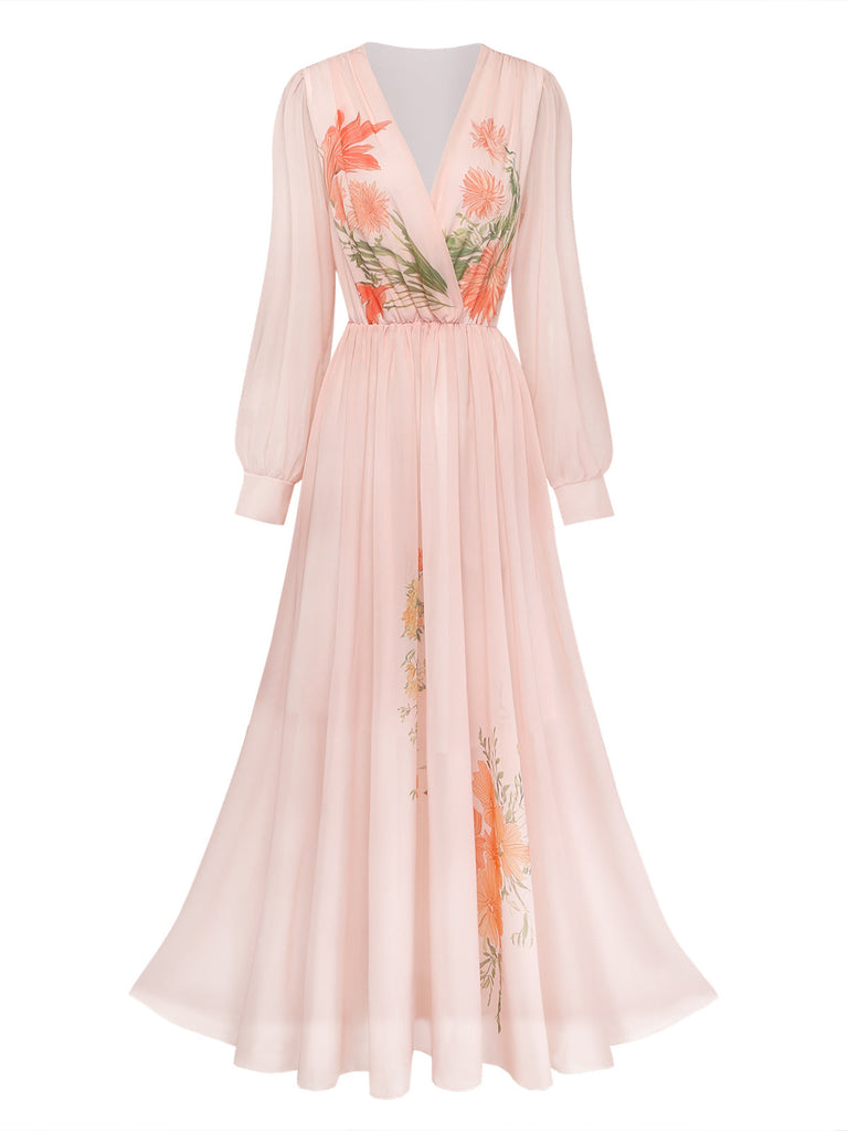 Orange & Rosa 30er Maxikleid mit Puffärmel und Blumen