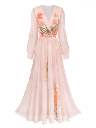 Orange & Rosa 30er Maxikleid mit Puffärmel und Blumen