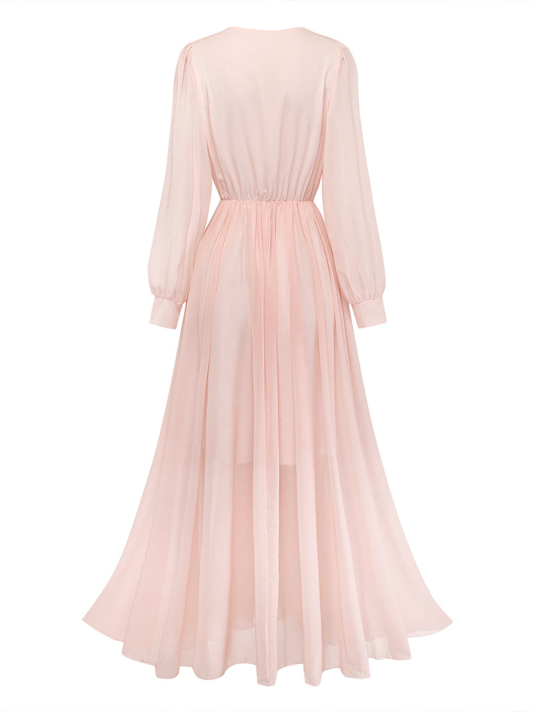 Orange & Rosa 30er Maxikleid mit Puffärmel und Blumen