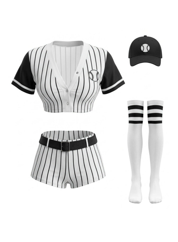 70er Baseball-Kostümset mit Streifen-Shirt, Shorts, Hut und Stutzen