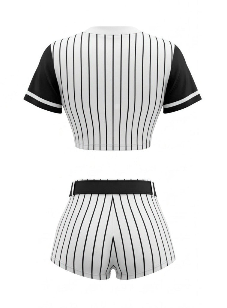 70er Baseball-Kostümset mit Streifen-Shirt, Shorts, Hut und Stutzen