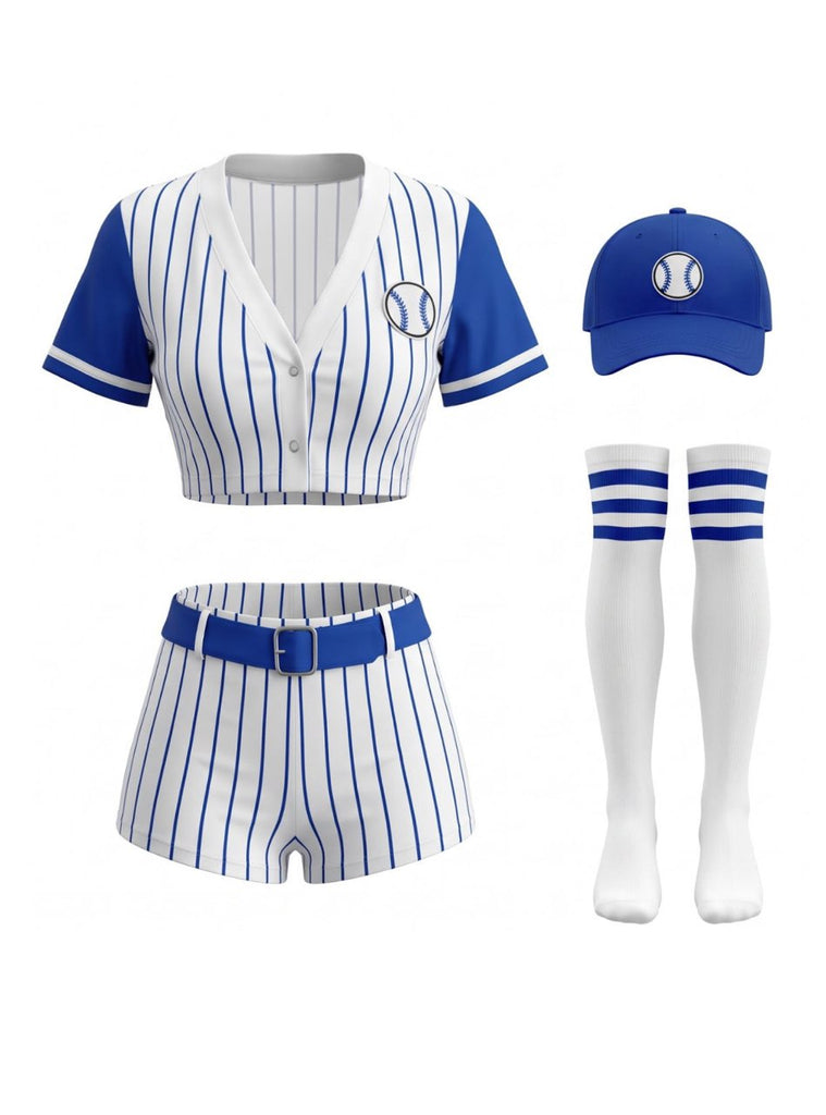 70er Baseball-Kostümset mit Streifen-Shirt, Shorts, Hut und Stutzen