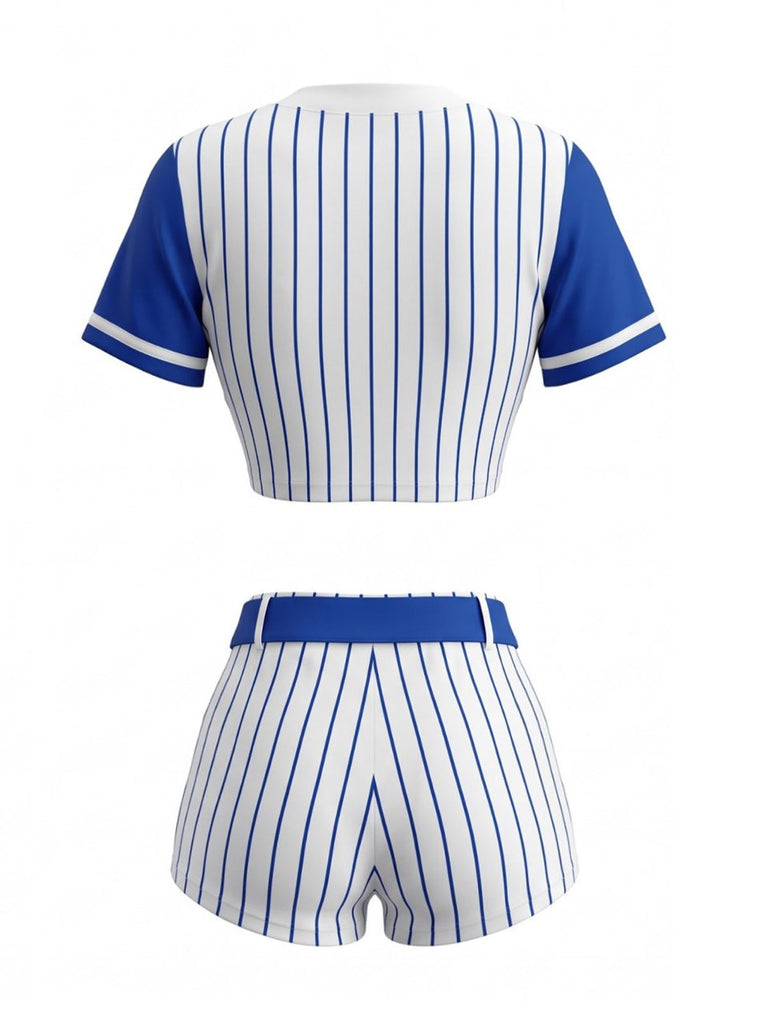 70er Baseball-Kostümset mit Streifen-Shirt, Shorts, Hut und Stutzen