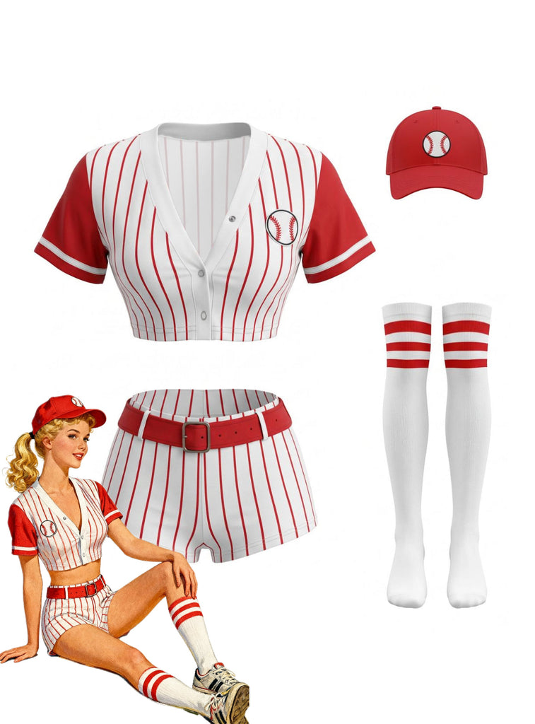 70er Baseball-Kostümset mit Streifen-Shirt, Shorts, Hut und Stutzen