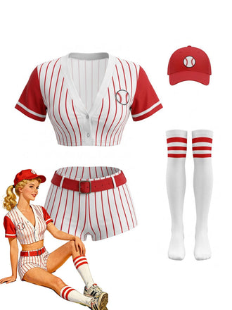 70er Baseball-Kostümset mit Streifen-Shirt, Shorts, Hut und Stutzen
