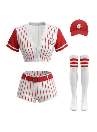 70er Baseball-Kostümset mit Streifen-Shirt, Shorts, Hut und Stutzen