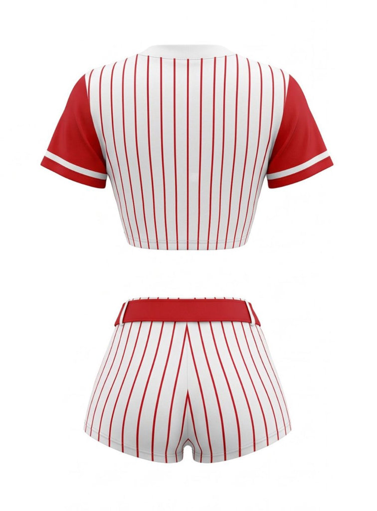 70er Baseball-Kostümset mit Streifen-Shirt, Shorts, Hut und Stutzen