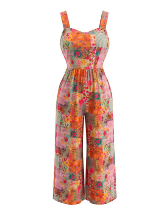 [Übergröße] Bunter 70er Jumpsuit mit Patchwork-Blumenmuster und weitem Bein