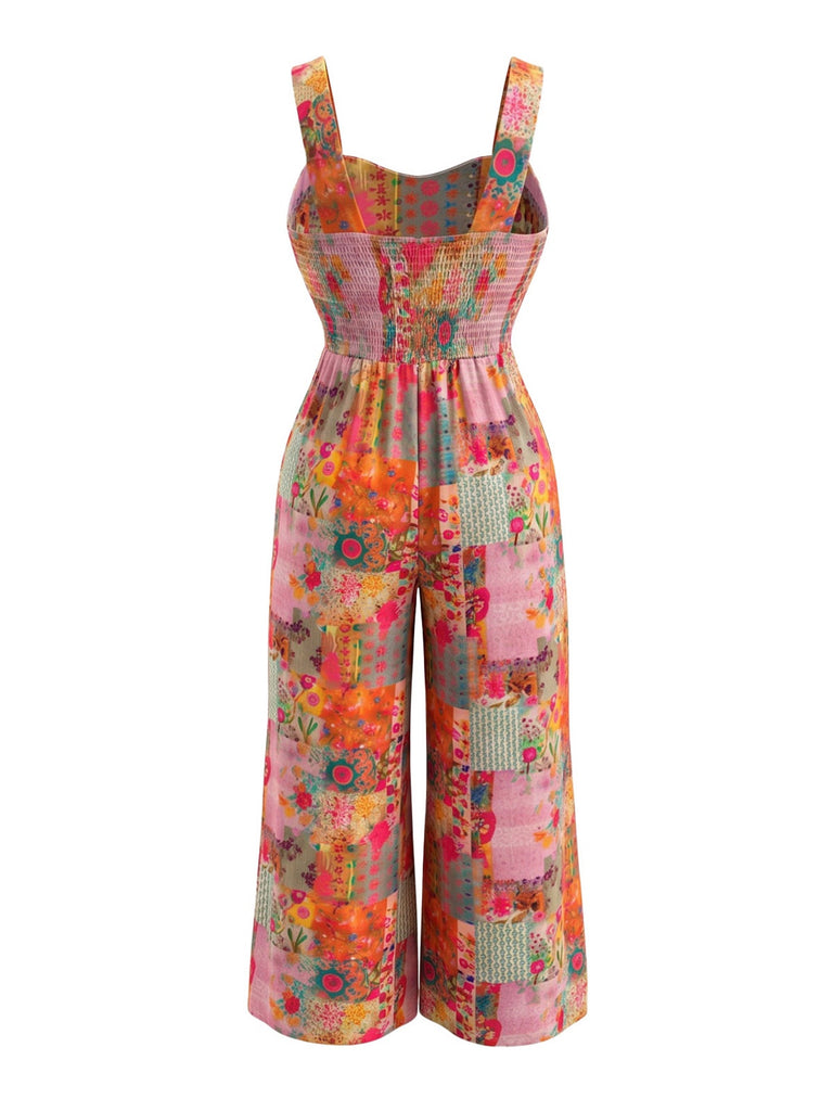 [Übergröße] Bunter 70er Jumpsuit mit Patchwork-Blumenmuster und weitem Bein