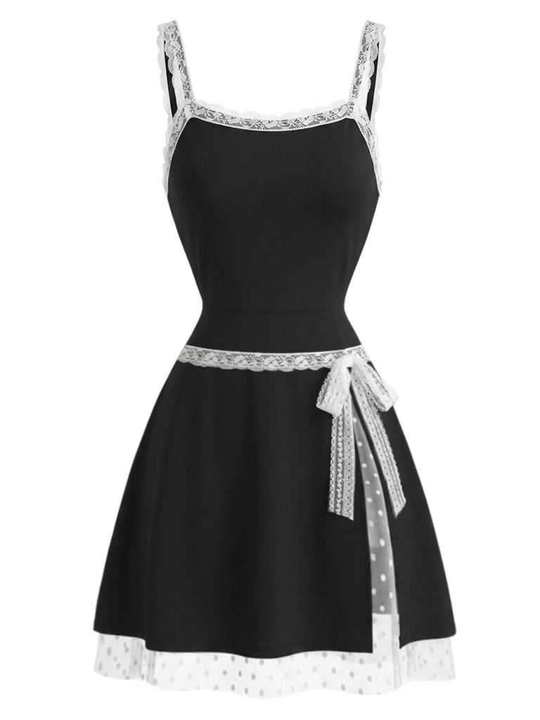 Schwarzes & Weißes 60er Kleid mit Schleife und Spitze