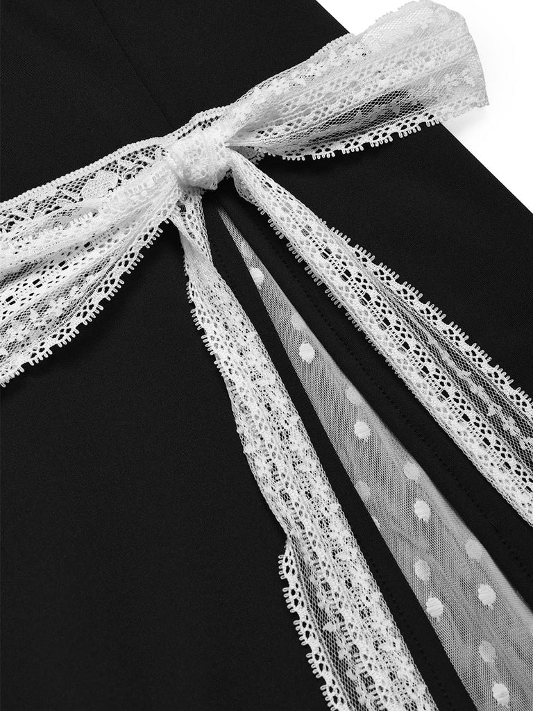 Schwarzes & Weißes 60er Kleid mit Schleife und Spitze