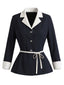 [Vorverkauf] Dunkelblauer 60er Blazer mit Kontrastrevers und Gürtel