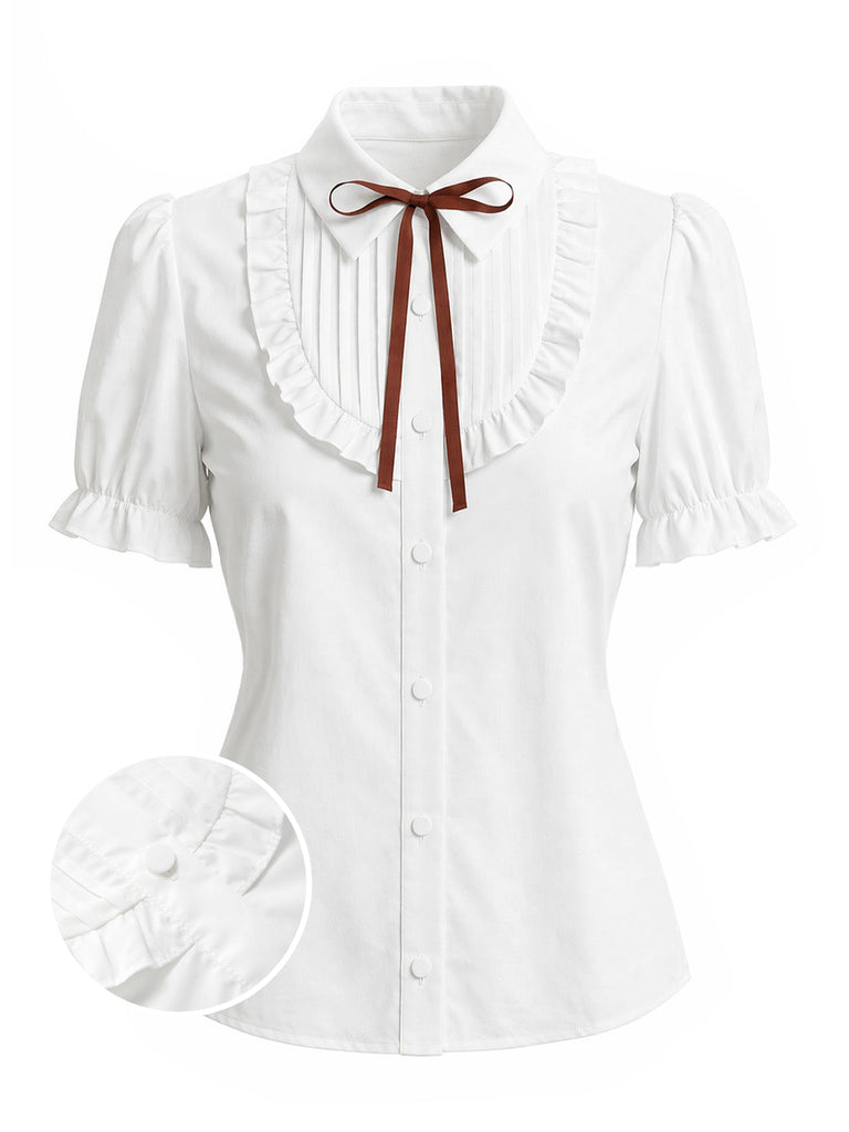 Weiße 40er Bluse mit Puffärmel und Rüschen