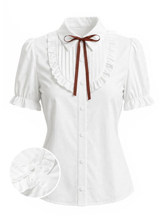 Weiße 40er Bluse mit Puffärmel und Rüschen