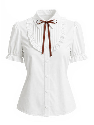 Weiße 40er Bluse mit Puffärmel und Rüschen