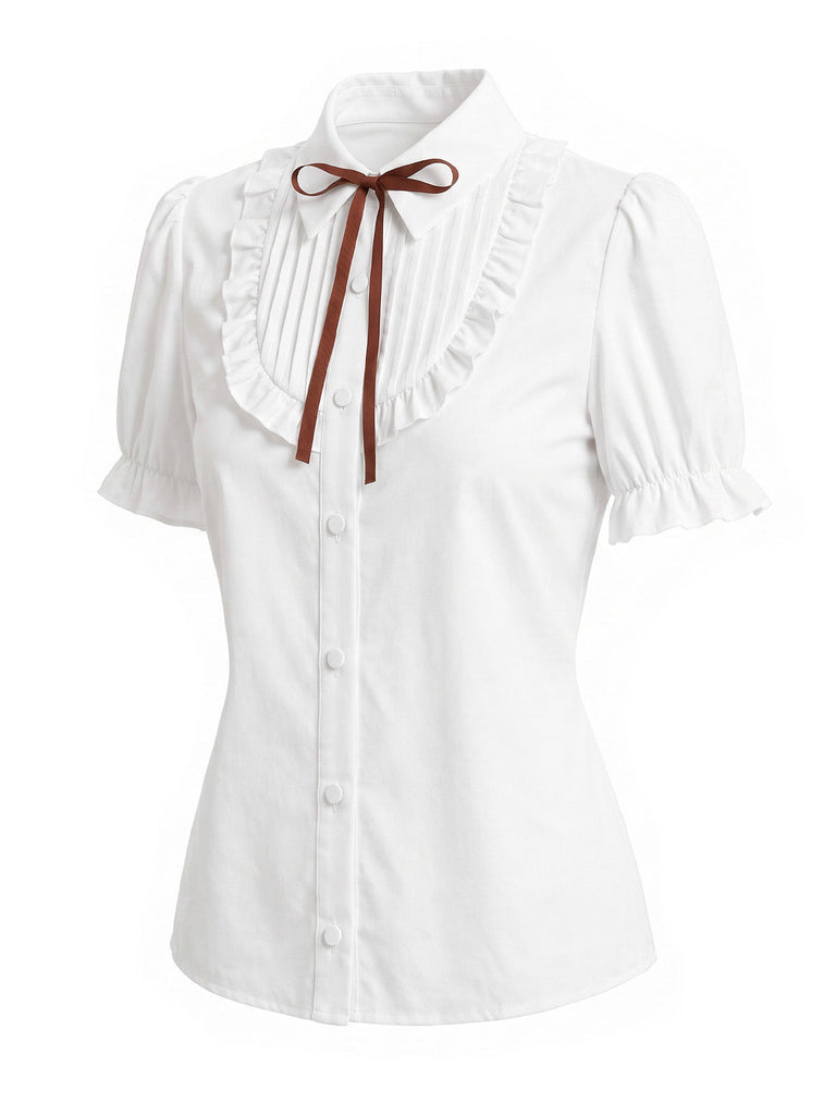 Weiße 40er Bluse mit Puffärmel und Rüschen