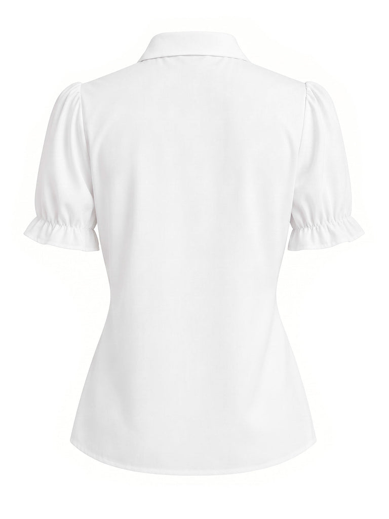 Weiße 40er Bluse mit Puffärmel und Rüschen