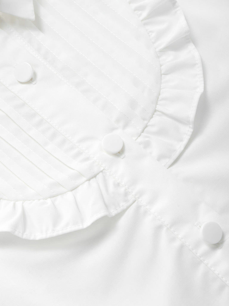 Weiße 40er Bluse mit Puffärmel und Rüschen