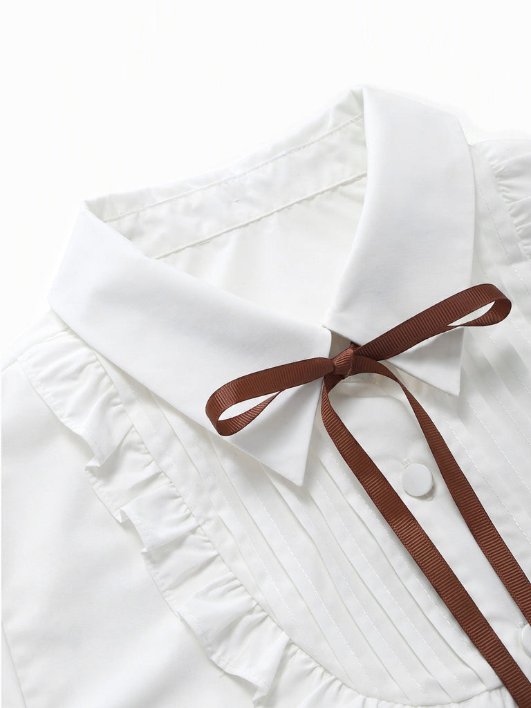 Weiße 40er Bluse mit Puffärmel und Rüschen