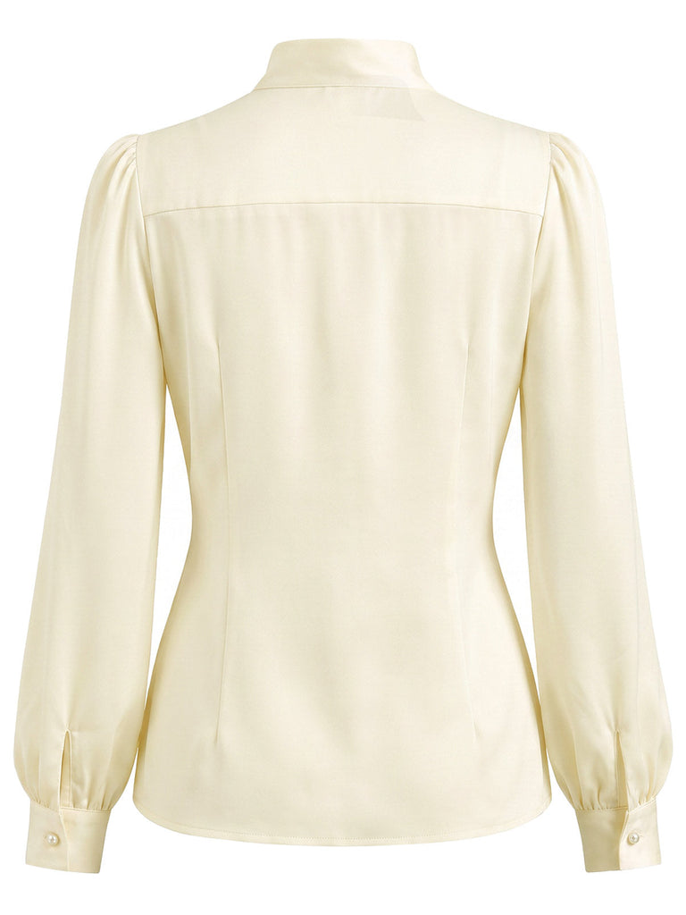 Cremefarbene 40er Bluse mit Schleife und Langarm