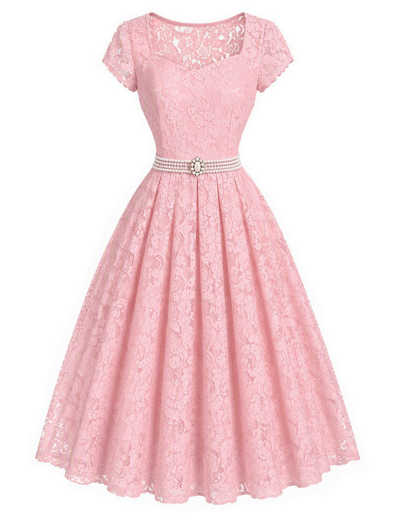 Rosa 50er Kleid mit Herzausschnitt und Spitze