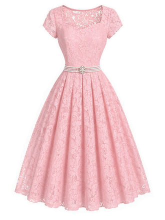 Rosa 50er Kleid mit Herzausschnitt und Spitze