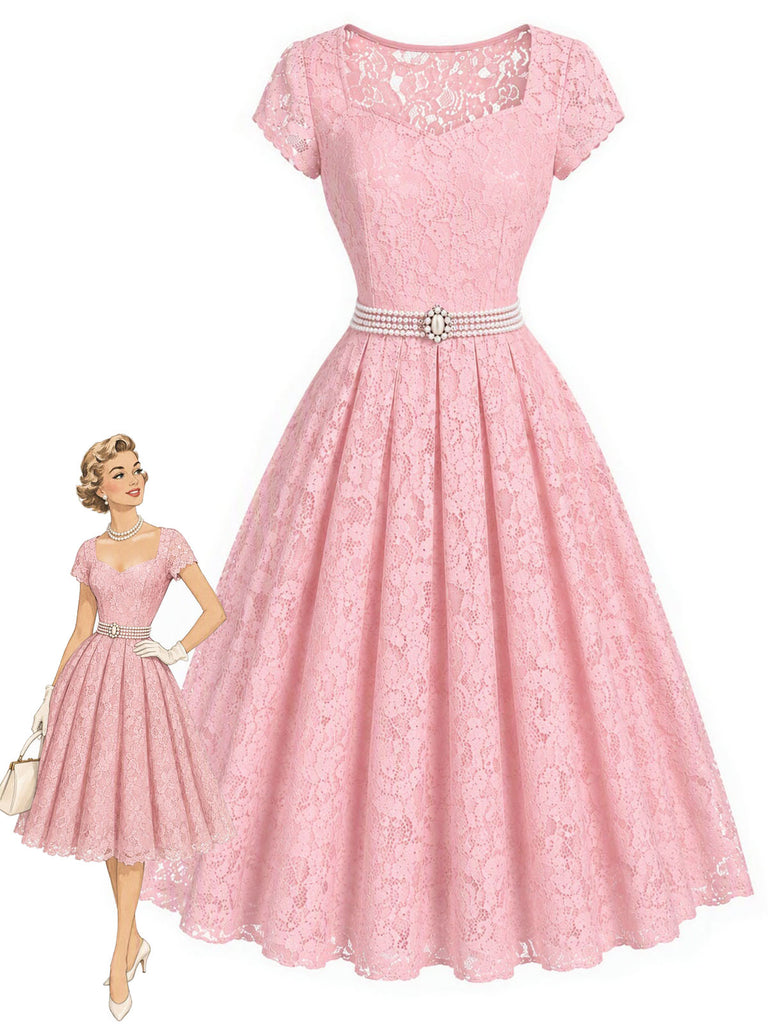 Rosa 50er Kleid mit Herzausschnitt und Spitze