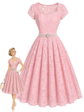 Rosa 50er Kleid mit Herzausschnitt und Spitze