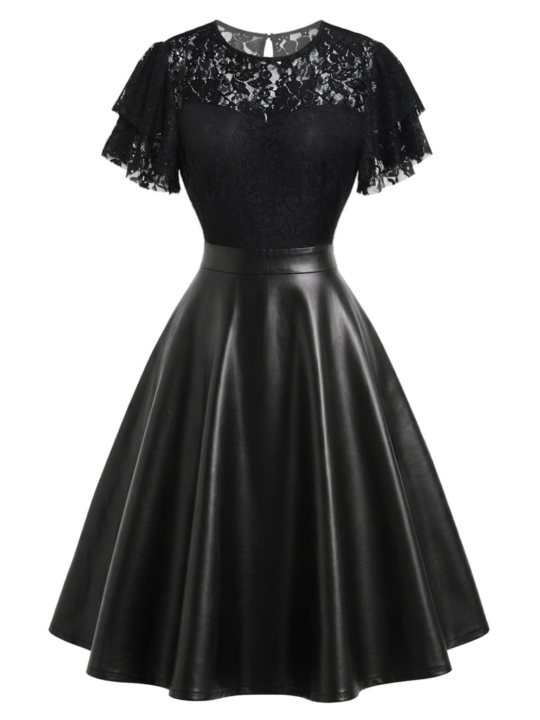 Schwarzes 50er Leder-Kleid mit Spitze