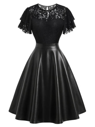 Schwarzes 50er Leder-Kleid mit Spitze