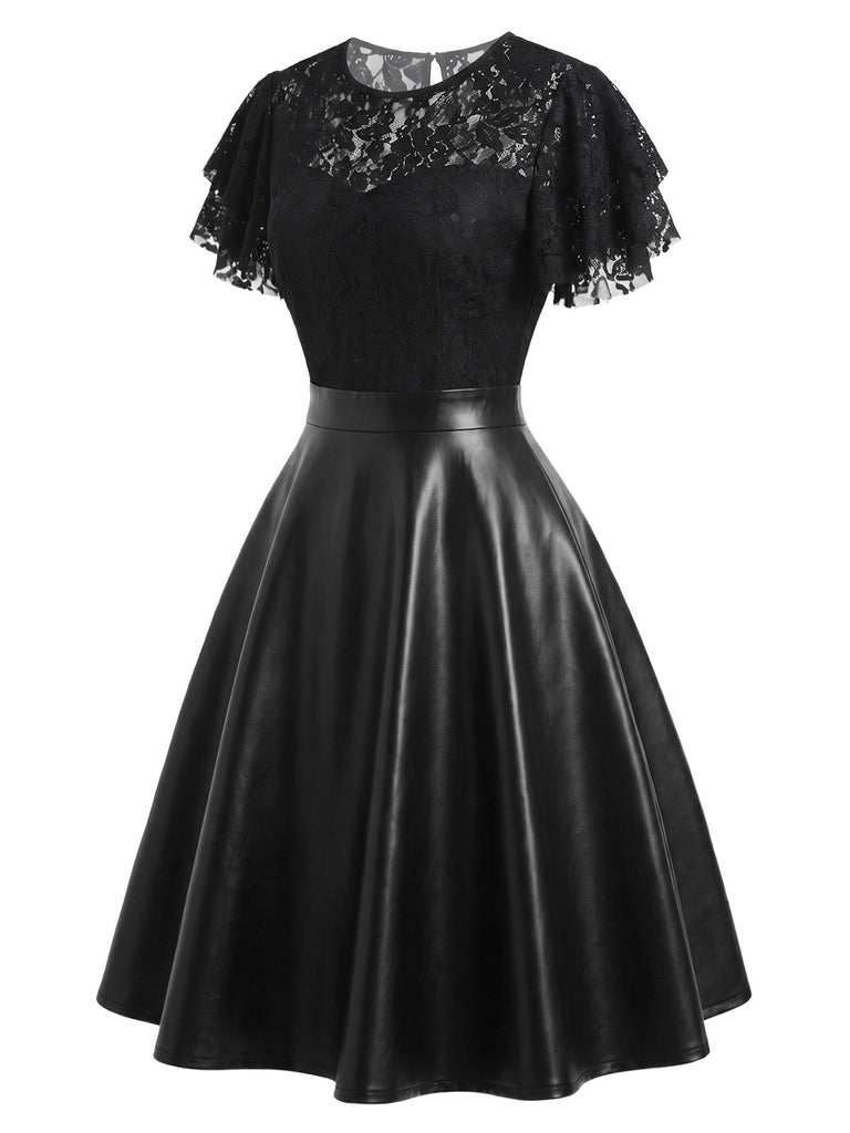 Schwarzes 50er Leder-Kleid mit Spitze