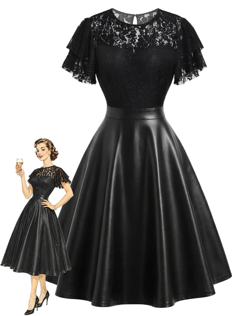 Schwarzes 50er Leder-Kleid mit Spitze