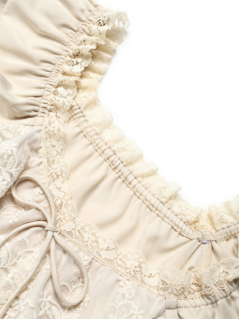 Beige 70er schulterfreies Bluse mit Rüschen und Spitze