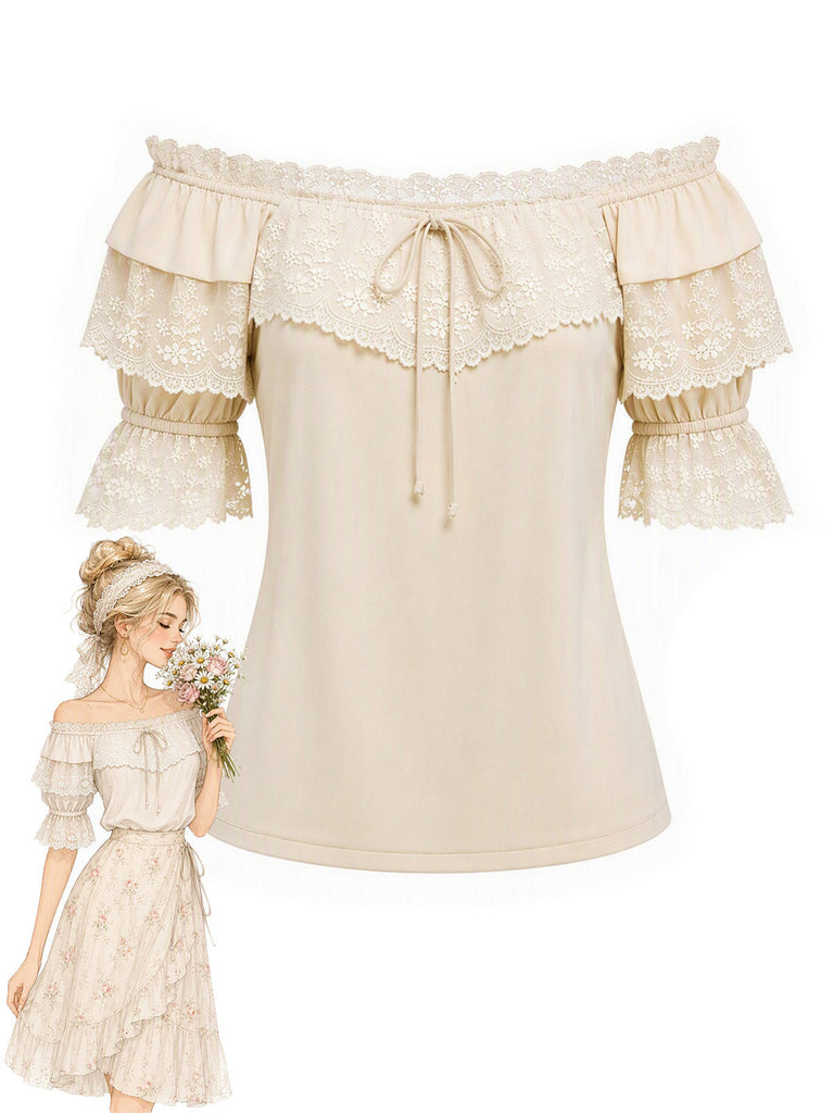 Beige 70er schulterfreies Bluse mit Rüschen und Spitze