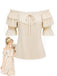 Beige 70er schulterfreies Bluse mit Rüschen und Spitze