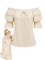 [Vorverkauf] Beige 70er wandelbare Carmenbluse mit Spitze und Rüschen