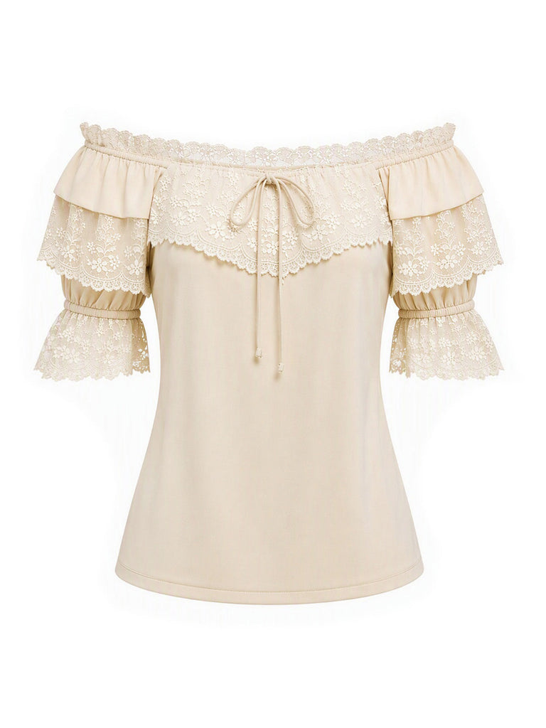 Beige 70er schulterfreies Bluse mit Rüschen und Spitze