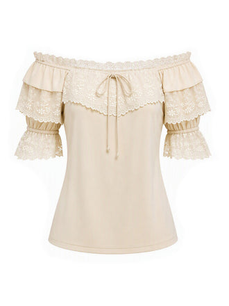 Beige 70er schulterfreies Bluse mit Rüschen und Spitze