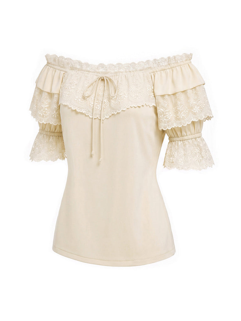 Beige 70er schulterfreies Bluse mit Rüschen und Spitze