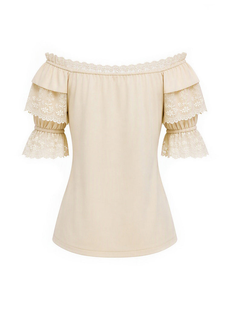 Beige 70er schulterfreies Bluse mit Rüschen und Spitze
