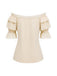 Beige 70er schulterfreies Bluse mit Rüschen und Spitze