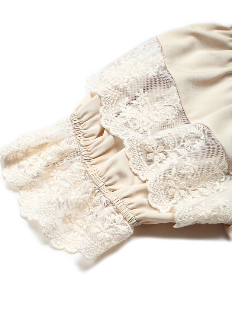 Beiges 70er Top & Rock Set mit Spitze und Rüschen