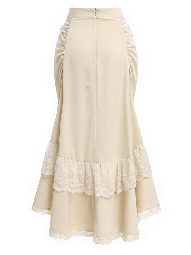 Beiges 70er Top & Rock Set mit Spitze und Rüschen