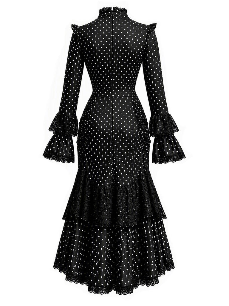 70er Gothic Kleid mit Polka-Dots und Spitzen-Patchwork