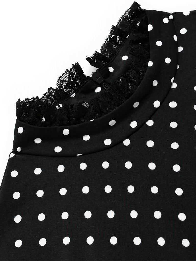 70er Gothic Kleid mit Polka-Dots und Spitzen-Patchwork