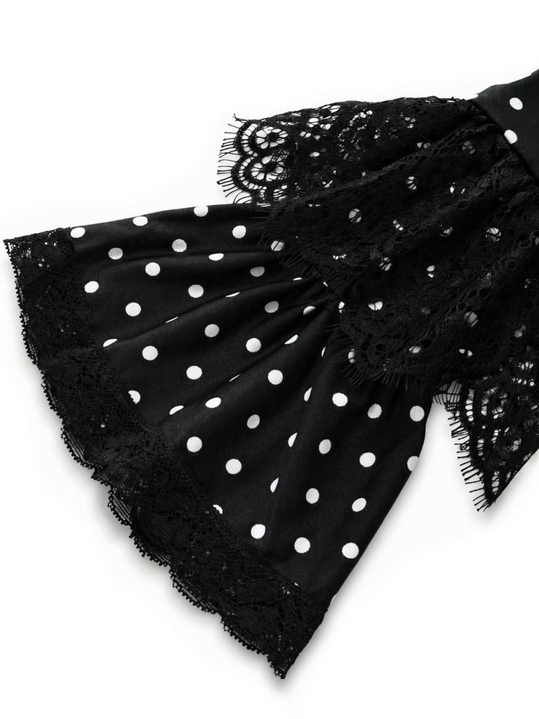 70er Gothic Kleid mit Polka-Dots und Spitzen-Patchwork