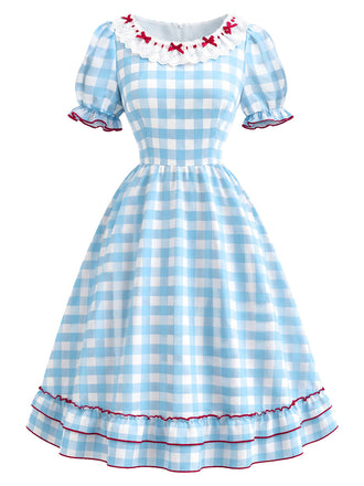 Weißes & Blaues 40er Kleid mit Rüschen und Schleife