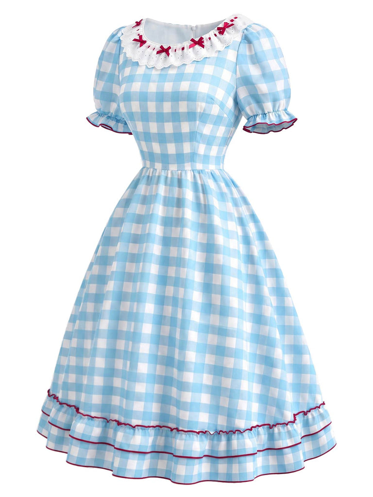Weißes & Blaues 40er Kleid mit Rüschen und Schleife